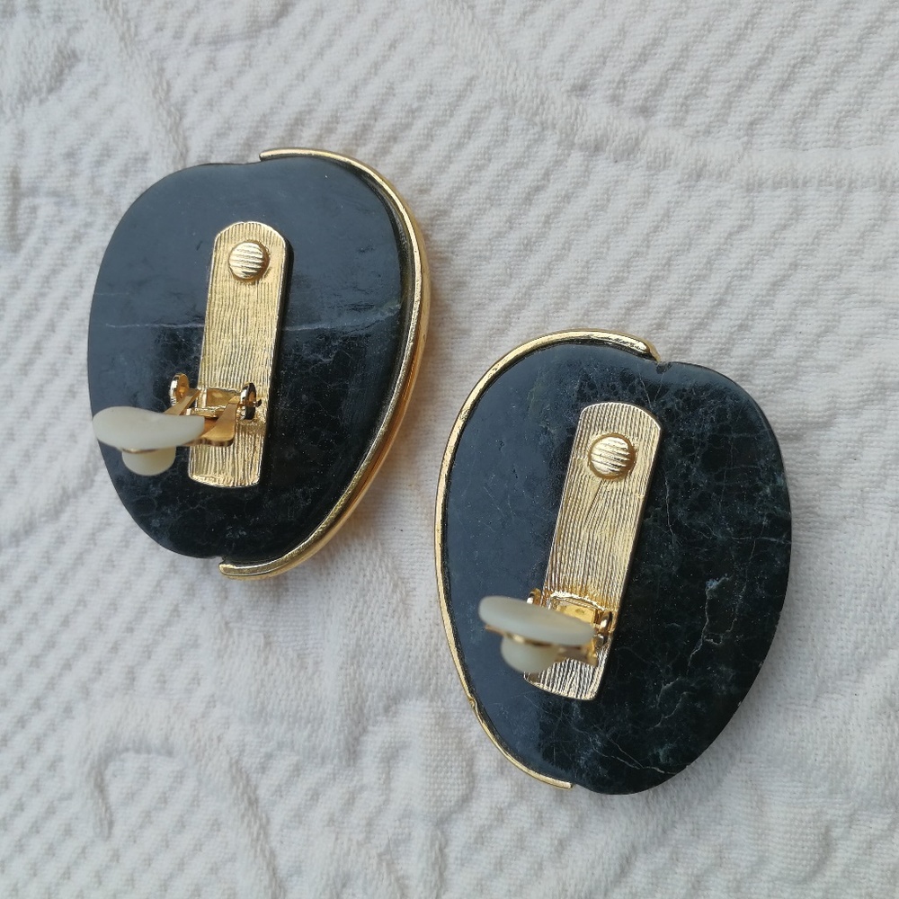 Vintage Earrings Clips Black / Green and Gold Face - Picture 5 of 6